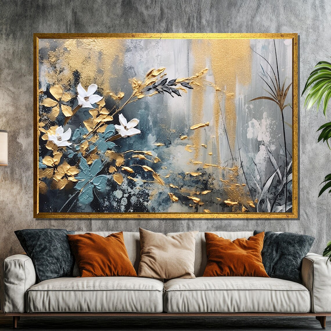 Abstract White Blossom and Gold Leaf Painting on Midnight Blue Poster