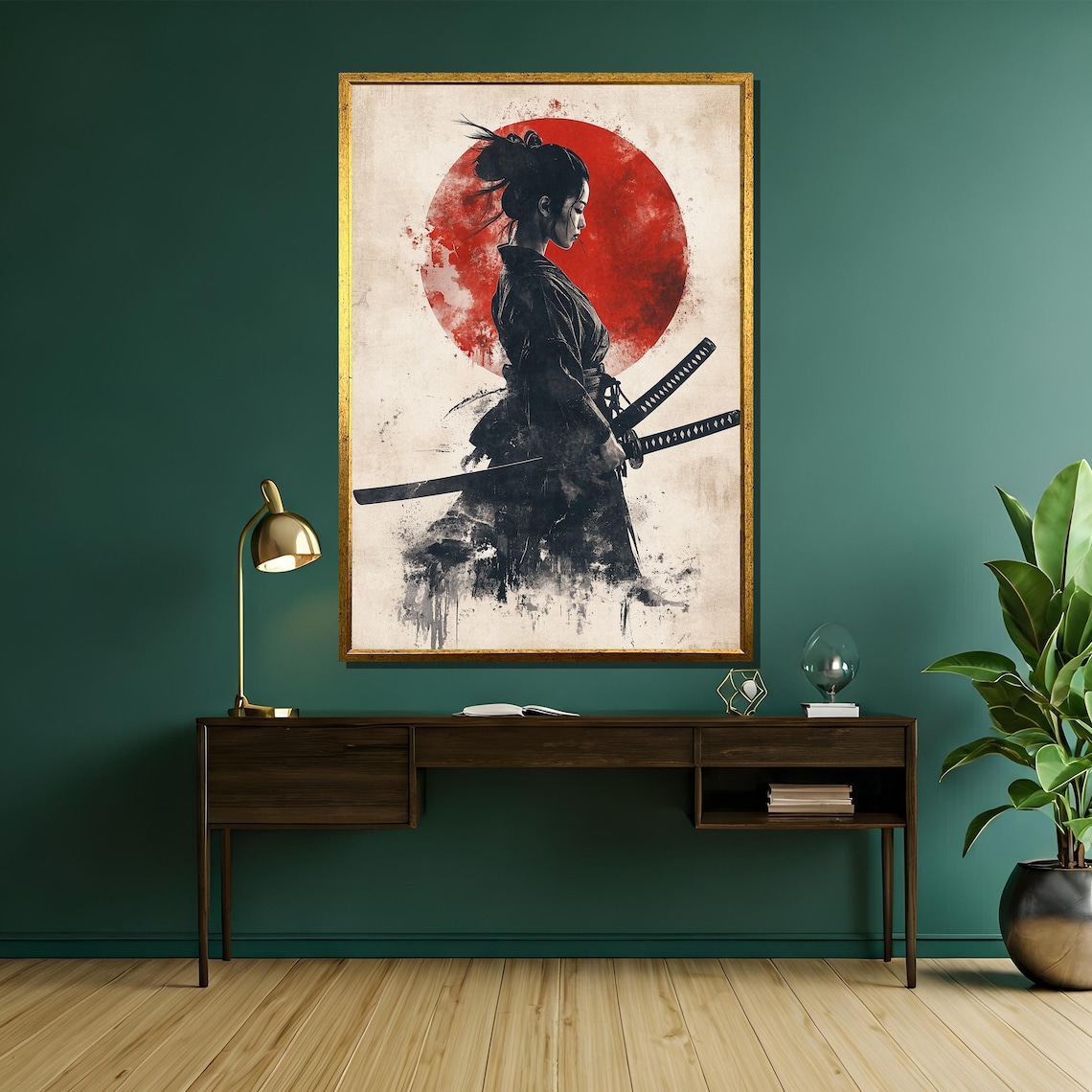 Samurai Woman Art Print, Bold Red Sun Circle - Image 5