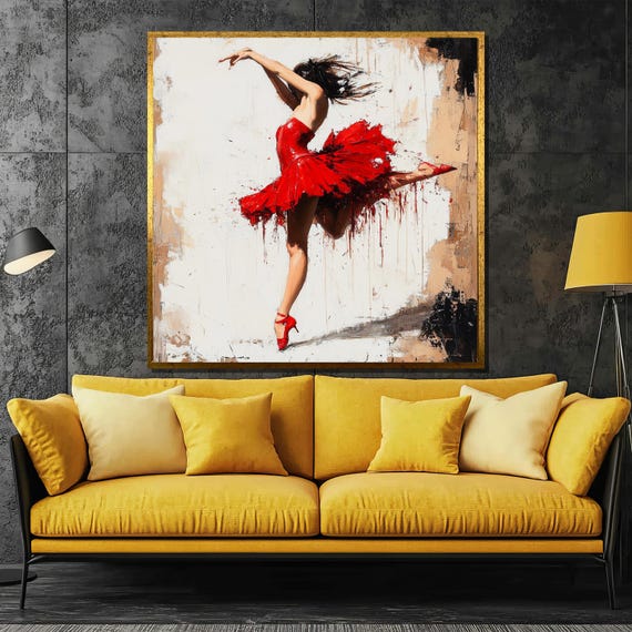 Passionate Flamenco Ballerina Painting Red Dress Dance Art Bold Expressive Wall Dcor Gift For Dance Lovers