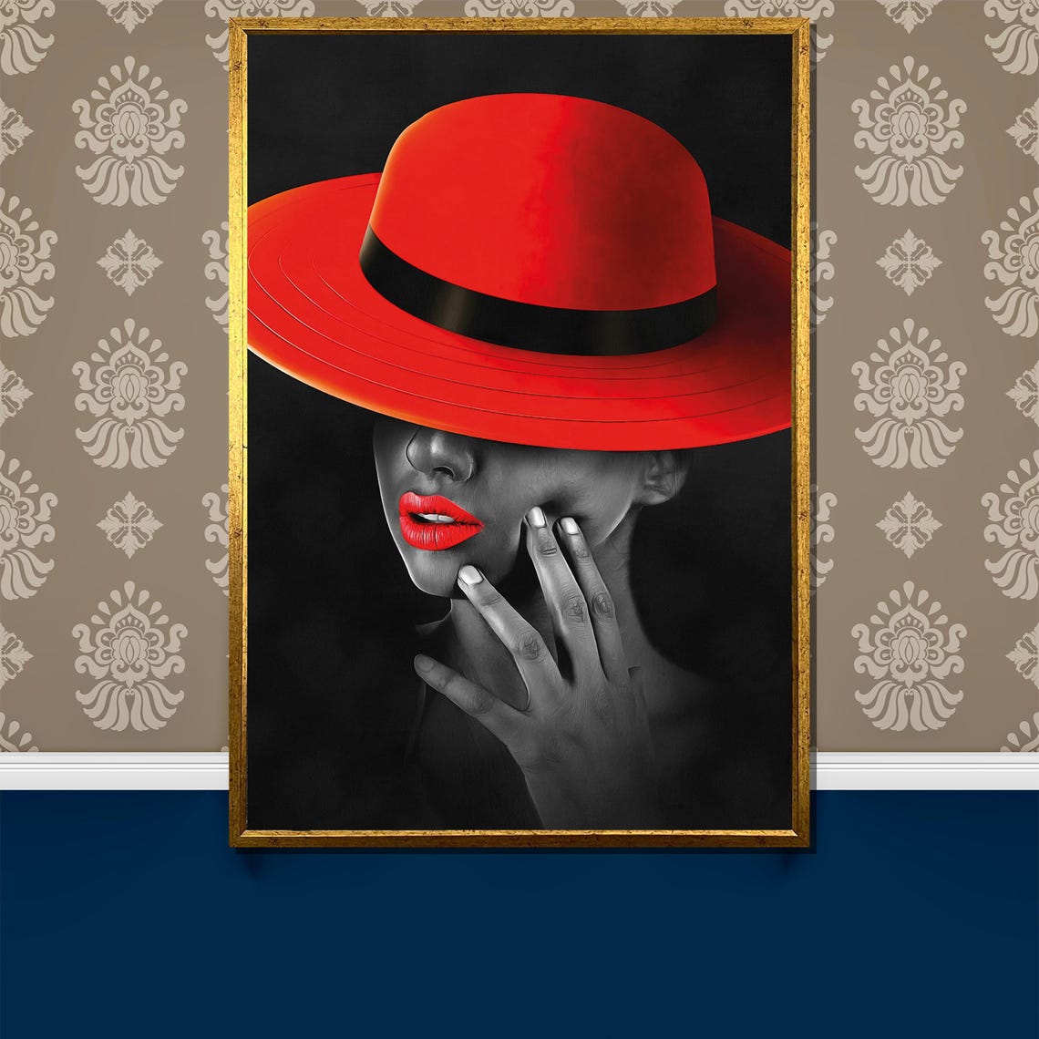 Bold Red Hat Painting Striking Gift For Art Lovers Modern Wall Art Decor With Elegance And Mysterious Charm