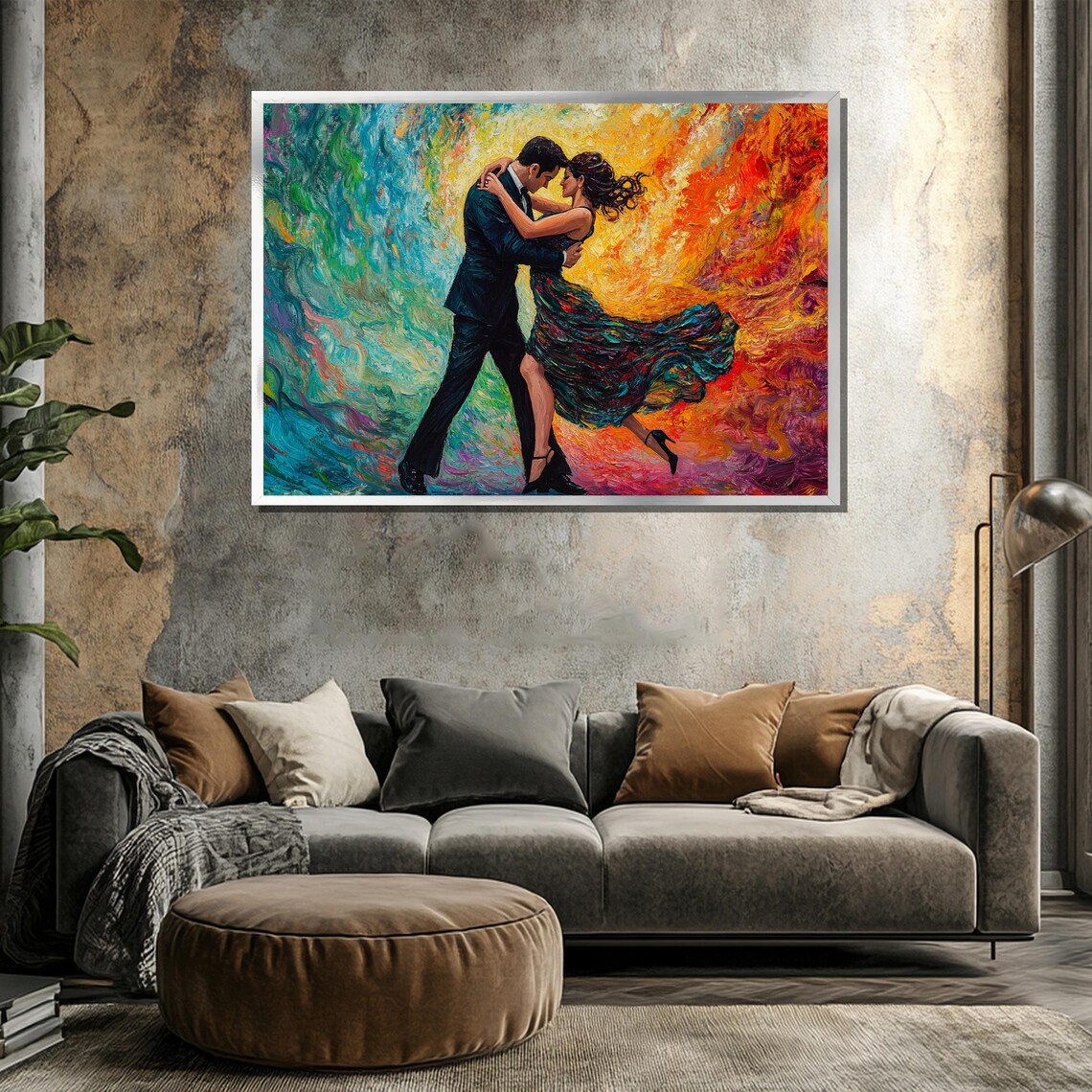 Passionate Couple Dancing In A Swirl Of Teal Orange And Red Paint Poster - Image 3