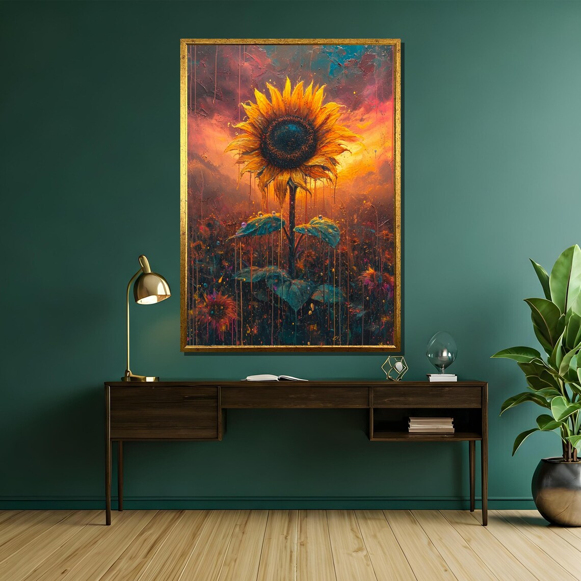 Lone Sunflower Against a Fiery Sunset Sky Dramatic Painting Poster - Image 5