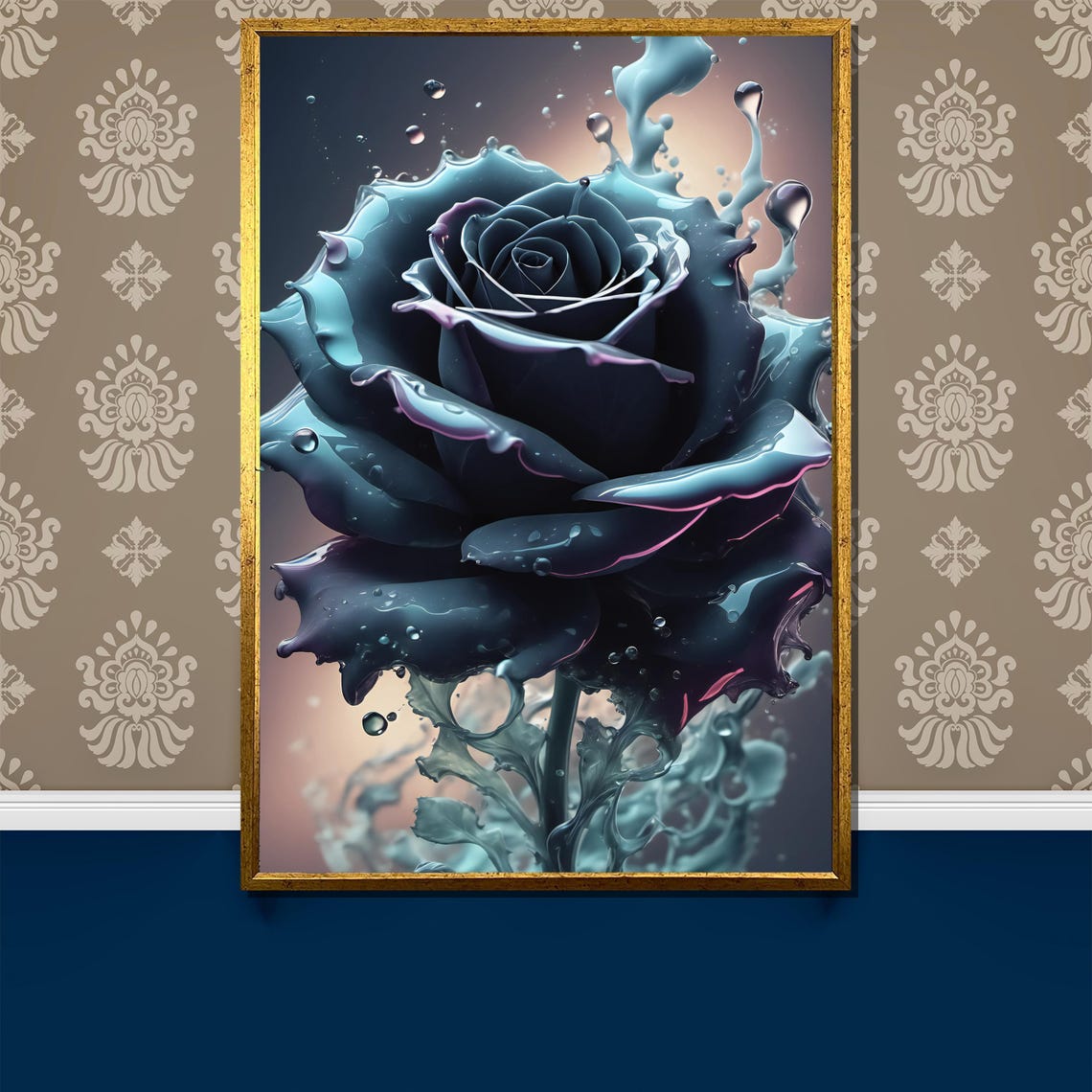 Surreal Blue Rose Splashing Water Effect Dramatic Bloom Poster