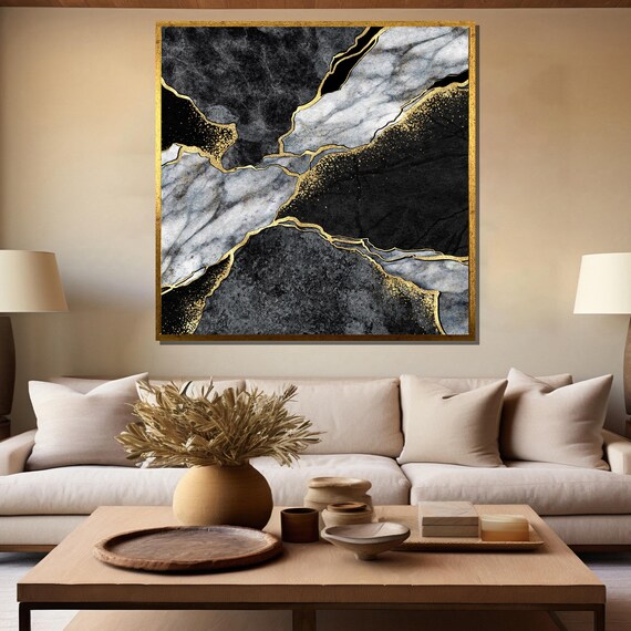Monochrome Marble Abstract Painting Luxury Black And Gold Art Gift For Sophisticated Home Decor And Wall Style