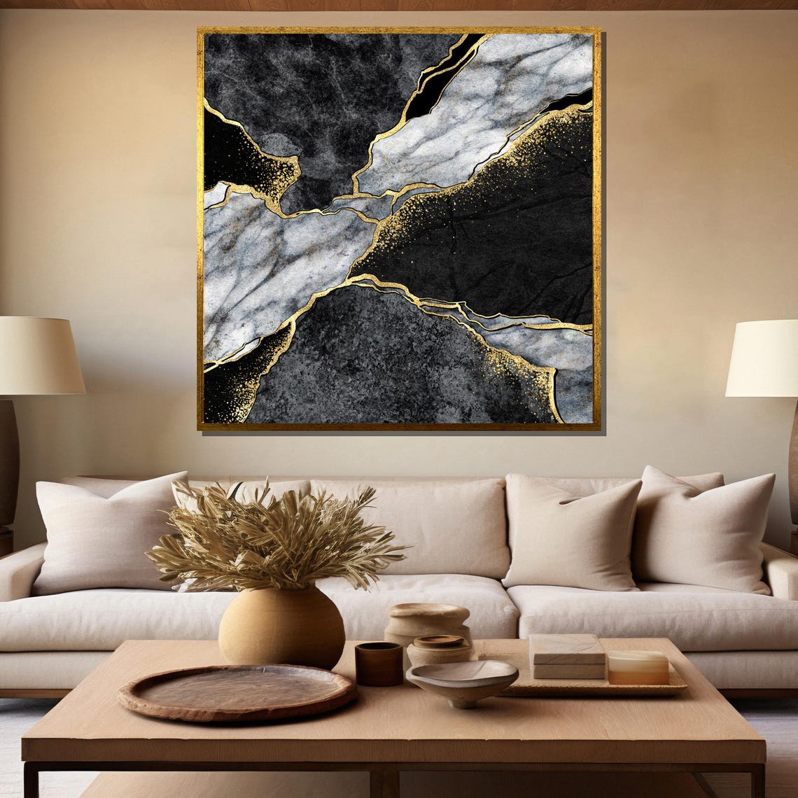 Monochrome Marble with Gold Veins Luxury Black White Art Poster