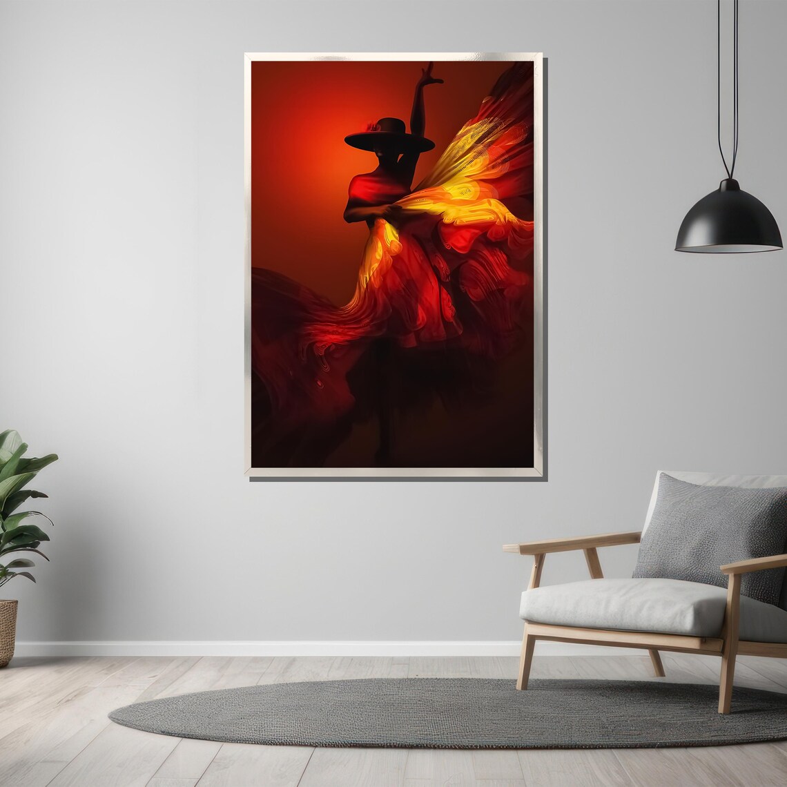Fiery Flamenco Dancer in Red Yellow Dress Silhouette Painting Poster - Image 3