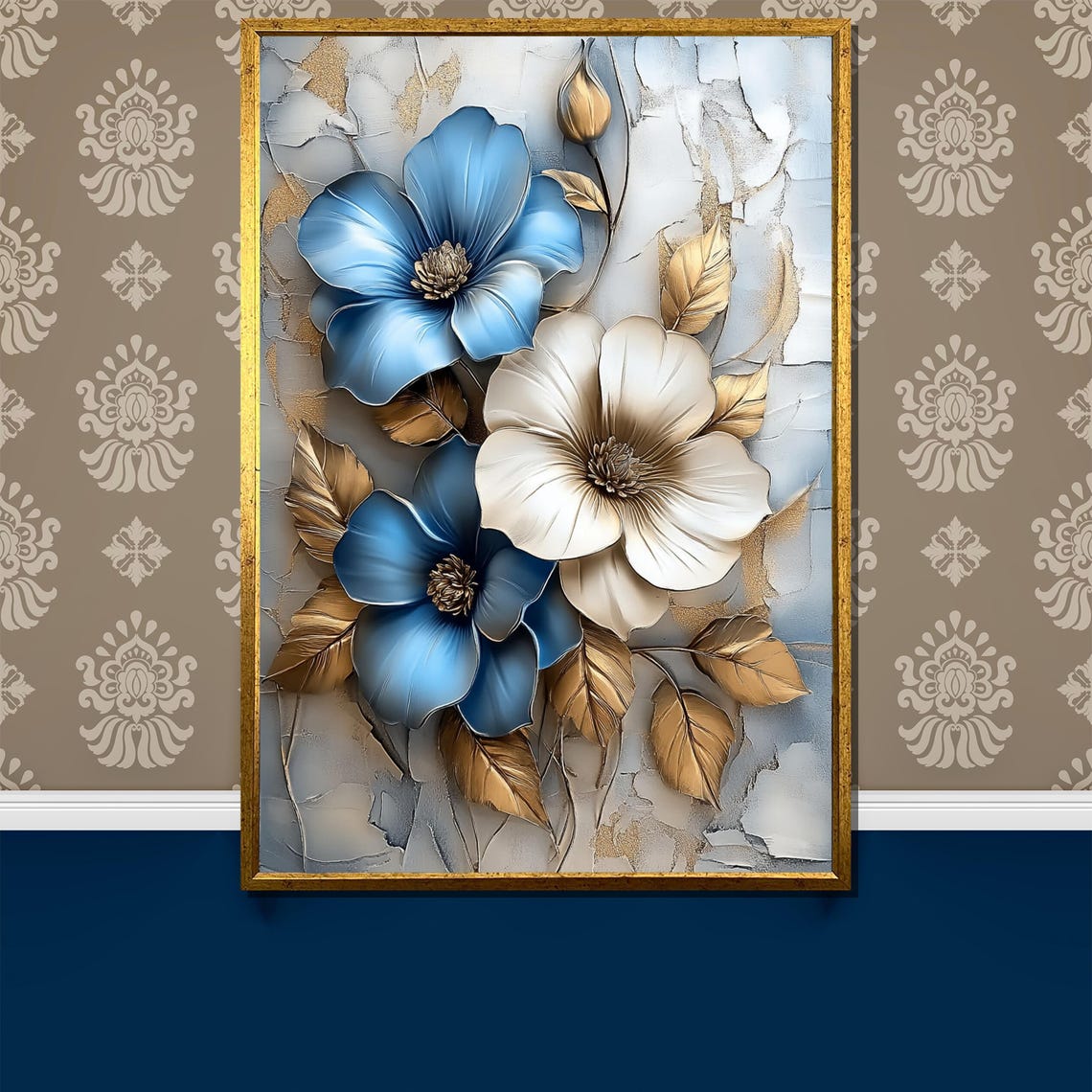 Blue And White Anemone With Gold Leaves Cracked Texture Poster