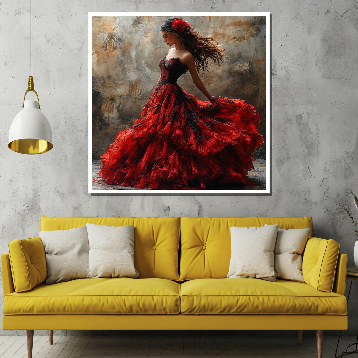 Elegant Flamenco Lady in Flowing Red Ruffles Rose Hair Art Poster - Image 2