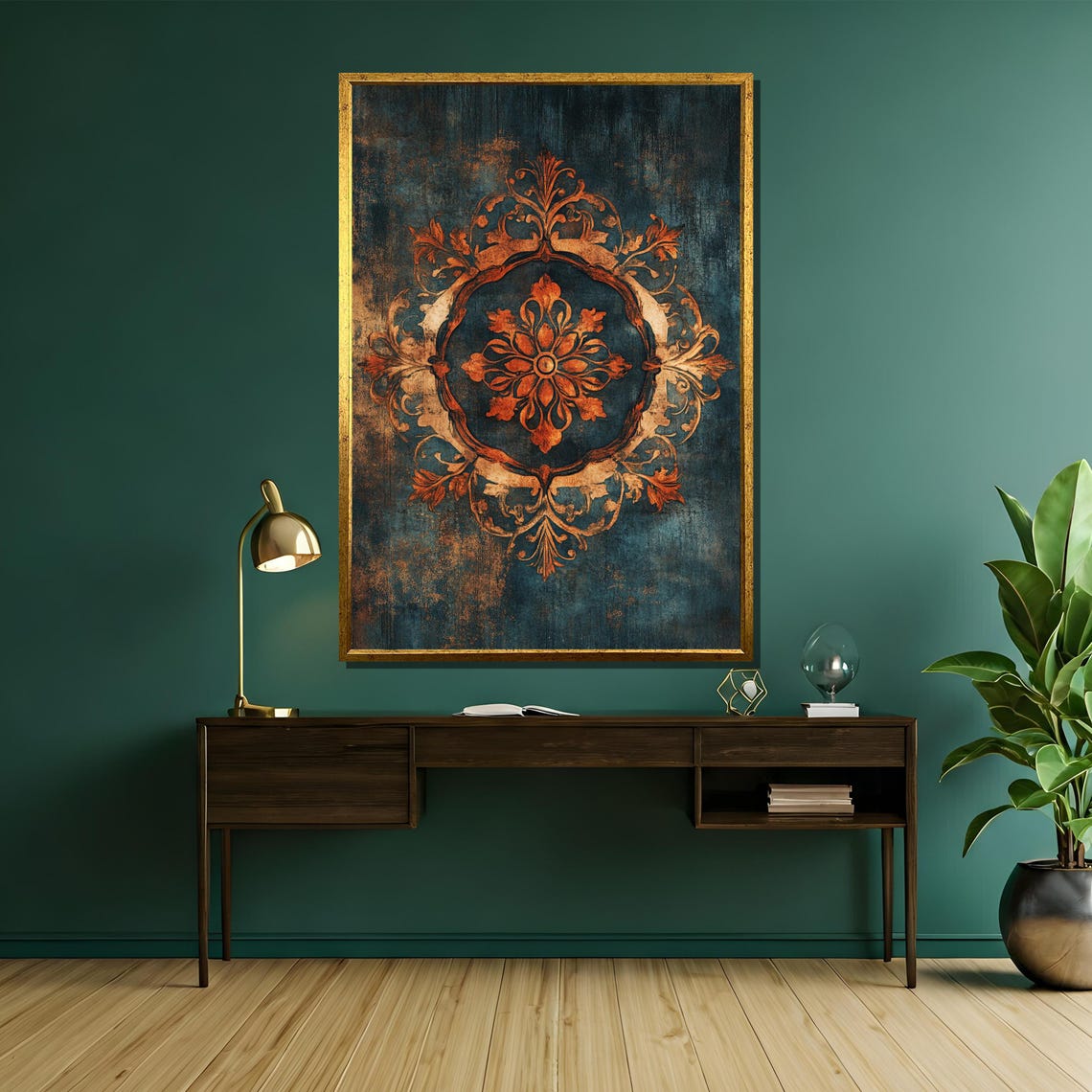 Ornate Vintage Medallion Floral Emblem on Dark Teal Art Poster - Image 5