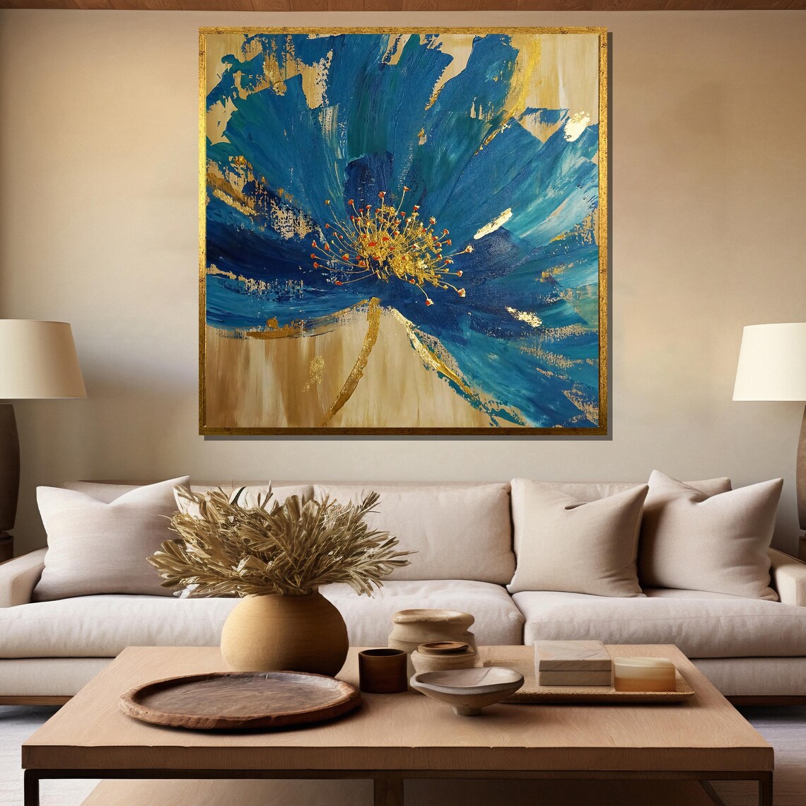 Abstract Blue Flower With Gold Center Modern Floral Art Poster - Image 5