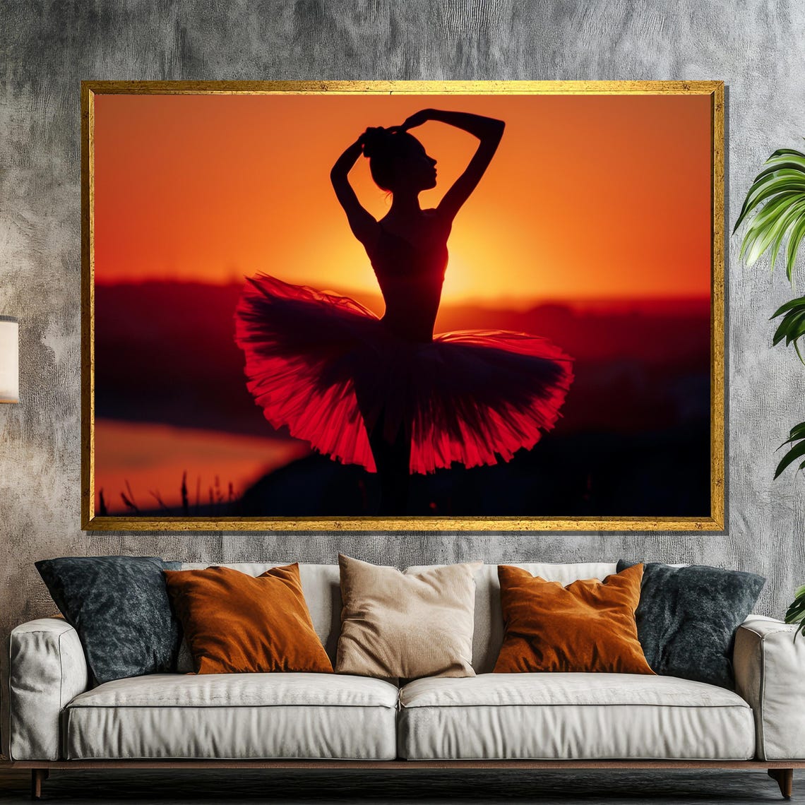 Ballerina Silhouette in Red Tutu Against Sunset Sky Photo Poster