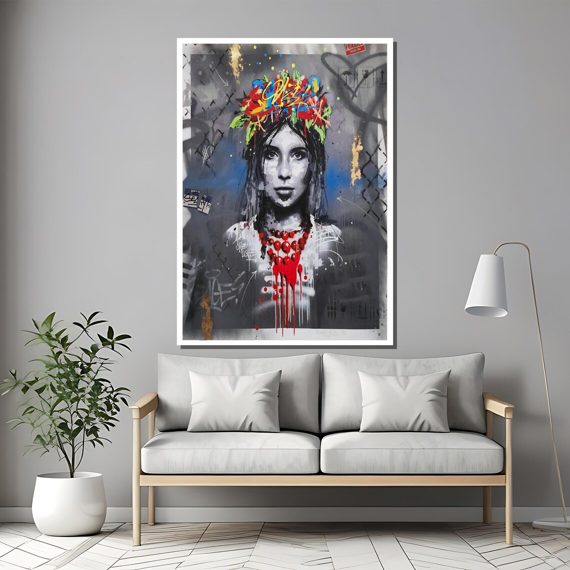 Flower Crown Graffiti Woman Red Necklace Urban Art Portrait Poster - Image 2