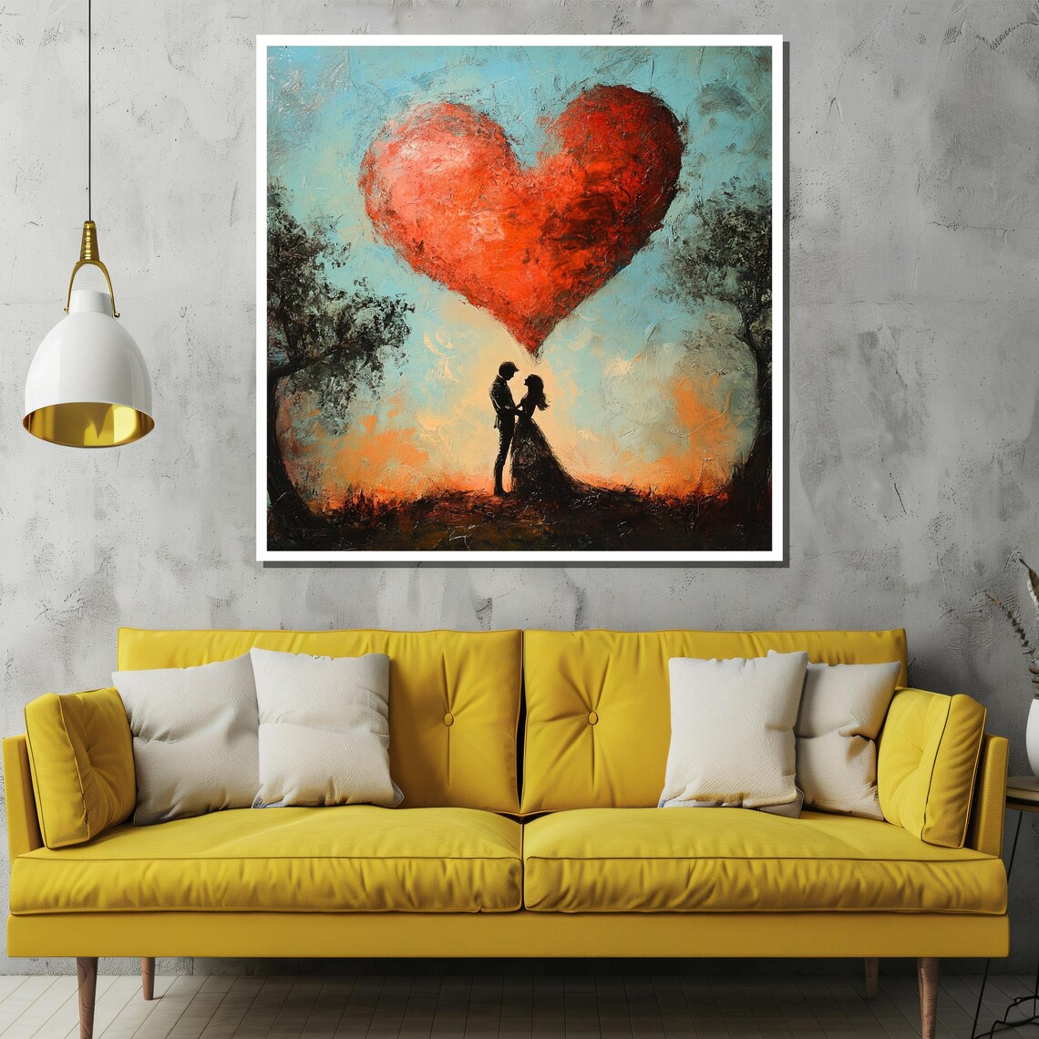 Couple Silhouette Under Giant Red Heart Romantic Love Art Poster - Image 2