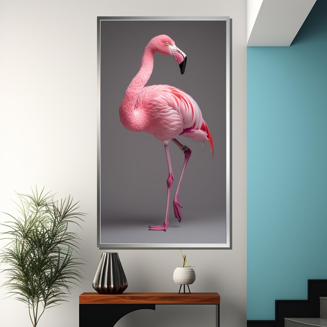 Rosy Grace Pink Flamingo Standing Tall Against Grey Wall Poster - Image 3
