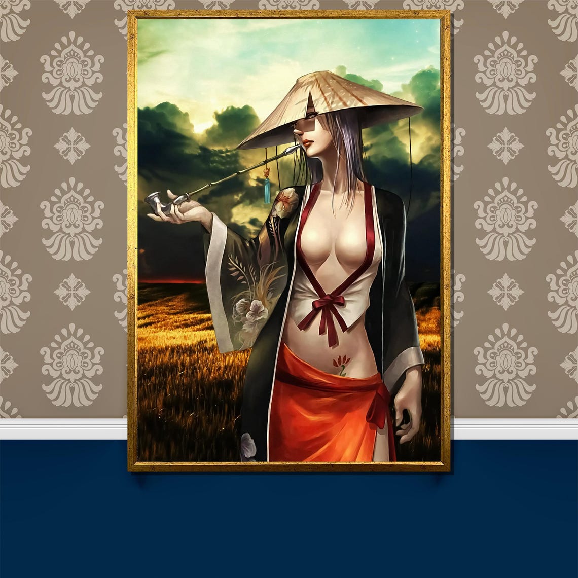 Anime Woman With Conical Straw Hat In Sunset Field Art Poster
