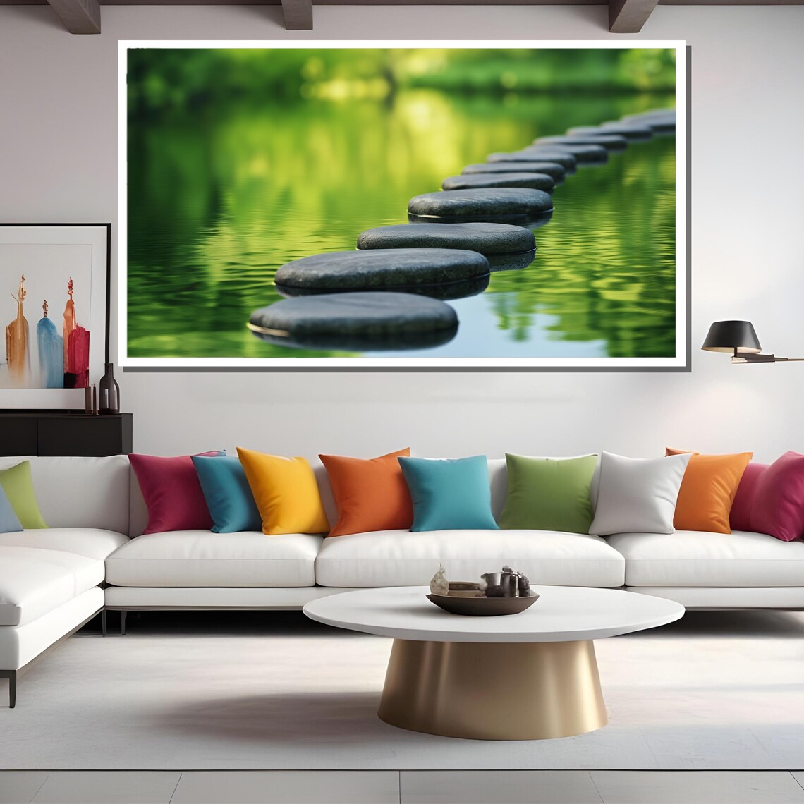 Stepping Stones Crossing a Calm Green Pond in Zen Art Poster - Image 2