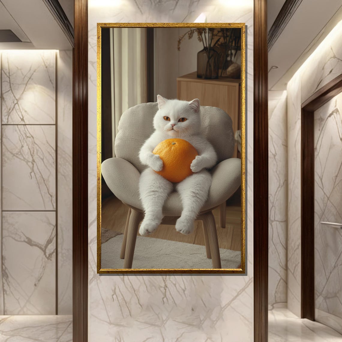 Funny White Cat Holding Big Orange Sitting In Chair Art Wall Poster