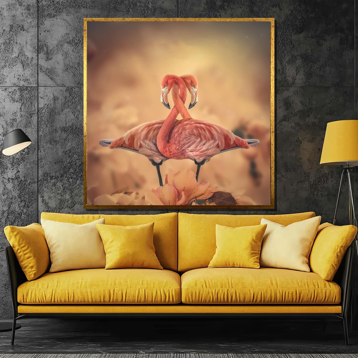 Two Flamingos with Necks Forming a Heart Romantic Painting Poster