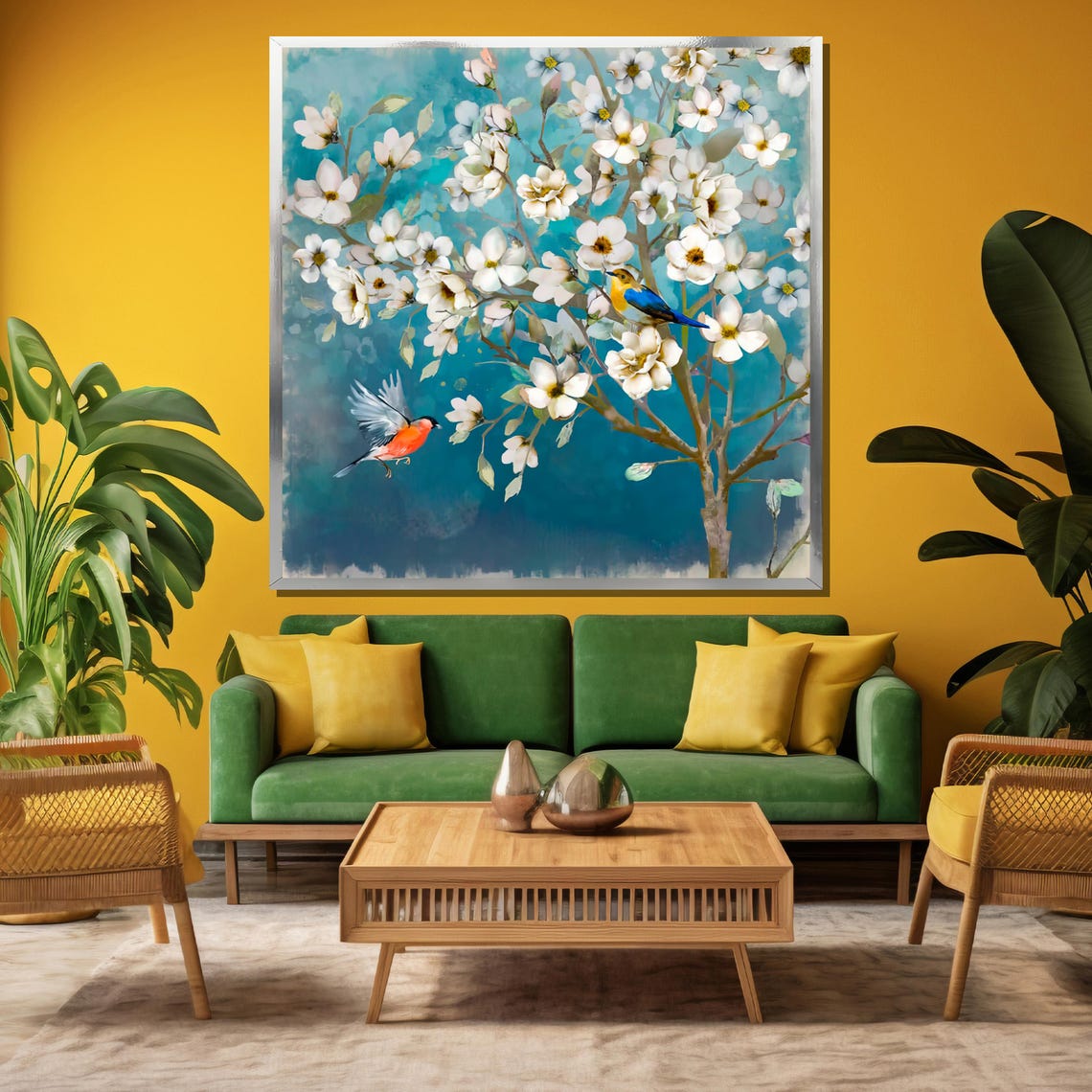 White Blossom Tree with Colorful Birds Spring Painting Poster - Image 3