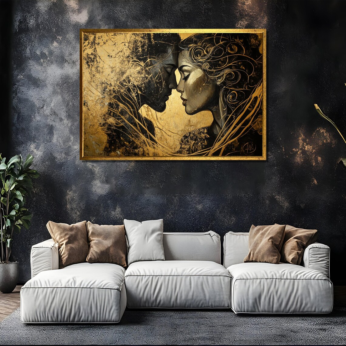 Golden Embrace Black Gold Romantic Couple Faces Art Nouveau Poster - Image 5