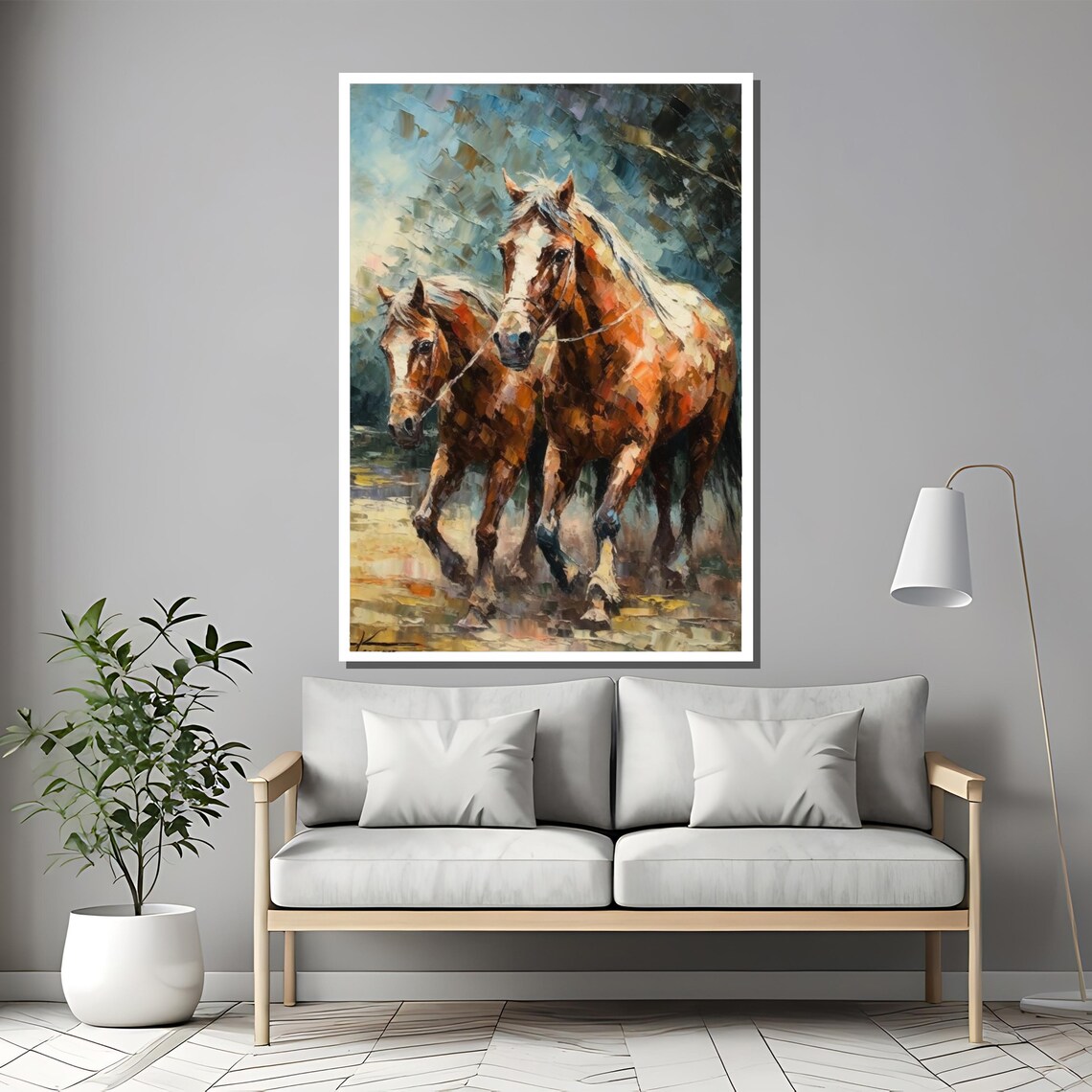 Two Chestnut Horses Running Together Textured Oil Art Poster - Image 2