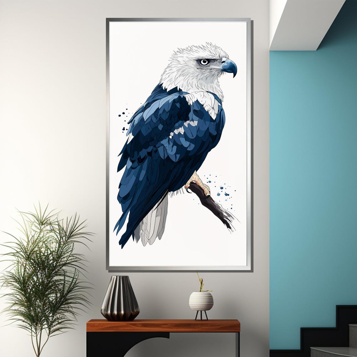 Indigo Majesty Blue and White Eagle Perched Watercolor Art Poster - Image 3