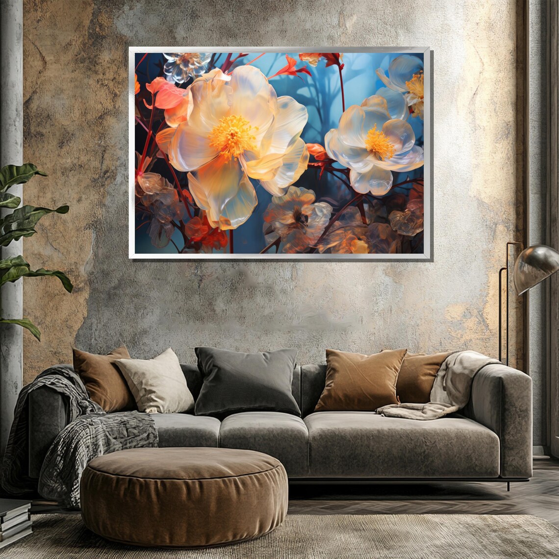 Dreamy Translucent White Blossoms On Blue Floral Painting Poster - Image 3
