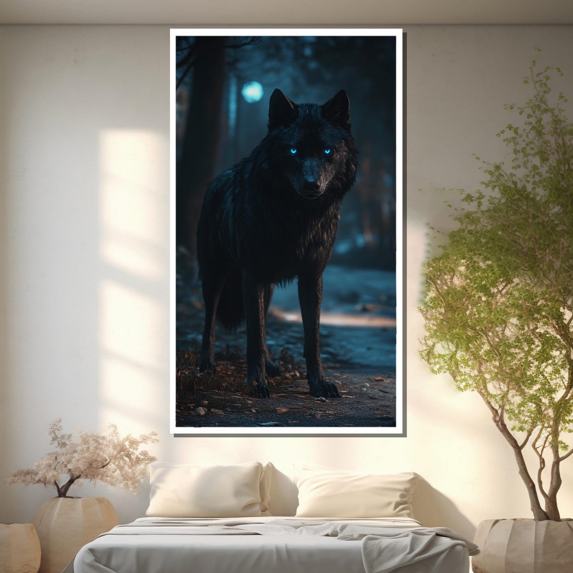 Midnight Howl Black Wolf With Glowing Blue Eyes in Dark Woods Poster - Image 2