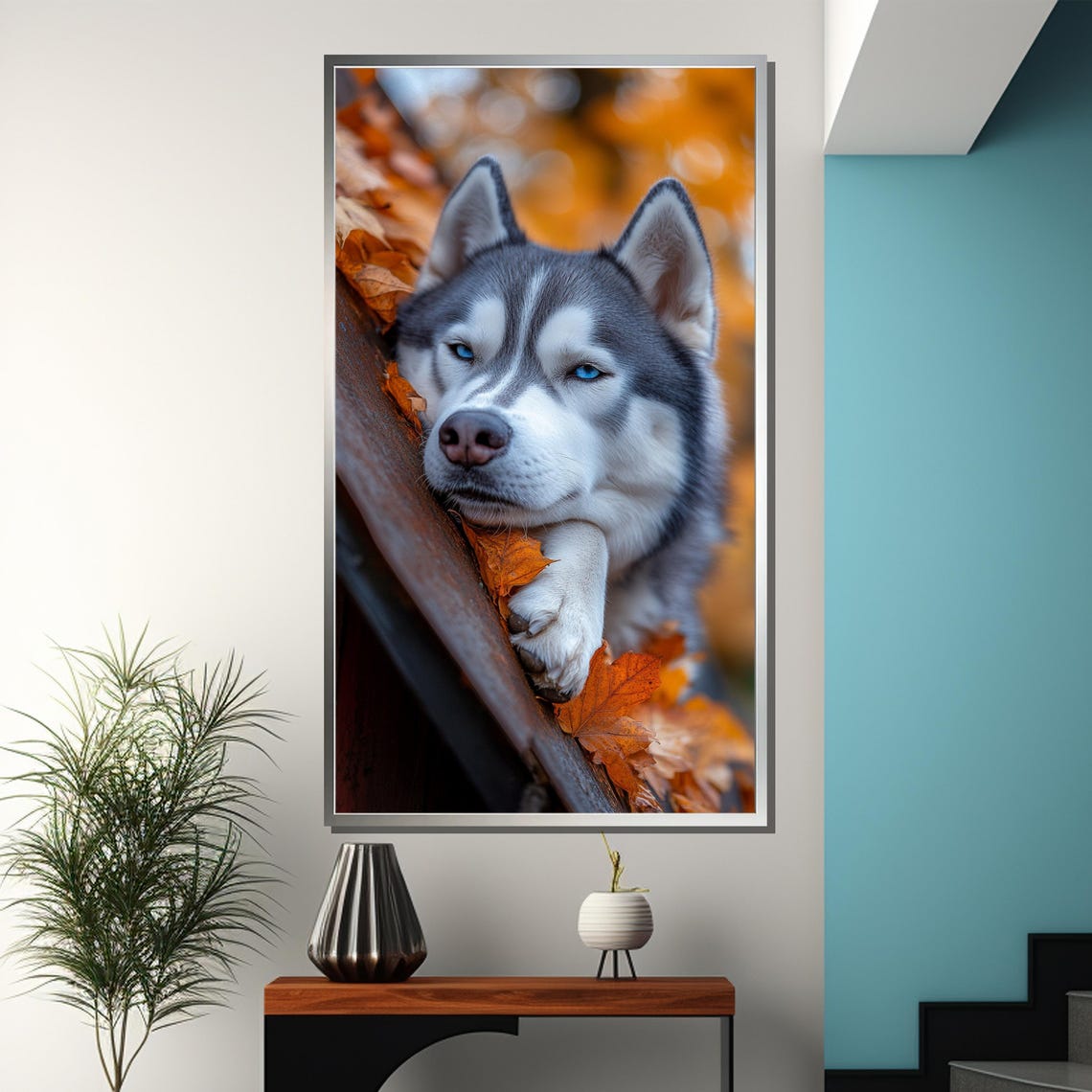 Siberian Husky Blue Eyes Autumn Leaves Resting Dog Art Poster - Image 3