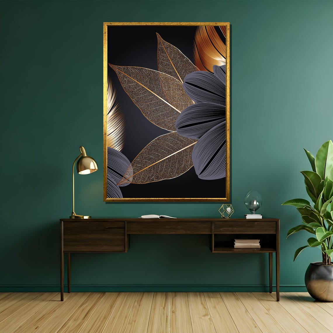 Golden Translucent Leaves And Dark Florals Luxury Art Poster - Image 5