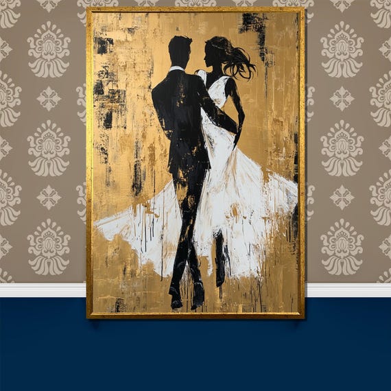 Elegant Silhouette Dance Painting Black White Romantic Couple On Gold Background Timeless Wall Art Gift For Weddings Anniversaries