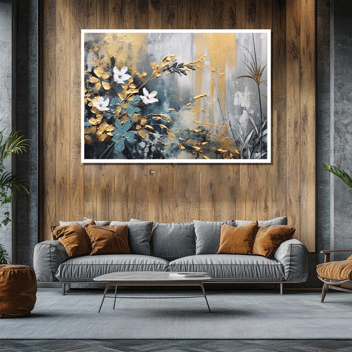 Abstract White Blossom and Gold Leaf Painting on Midnight Blue Poster - Image 2