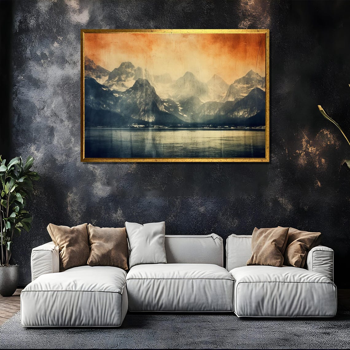 Vintage Mountain Landscape Painting Rustic Wall Art Gift With Warm Sepia Tones For Nature And Retro Decor Lovers - Image 5