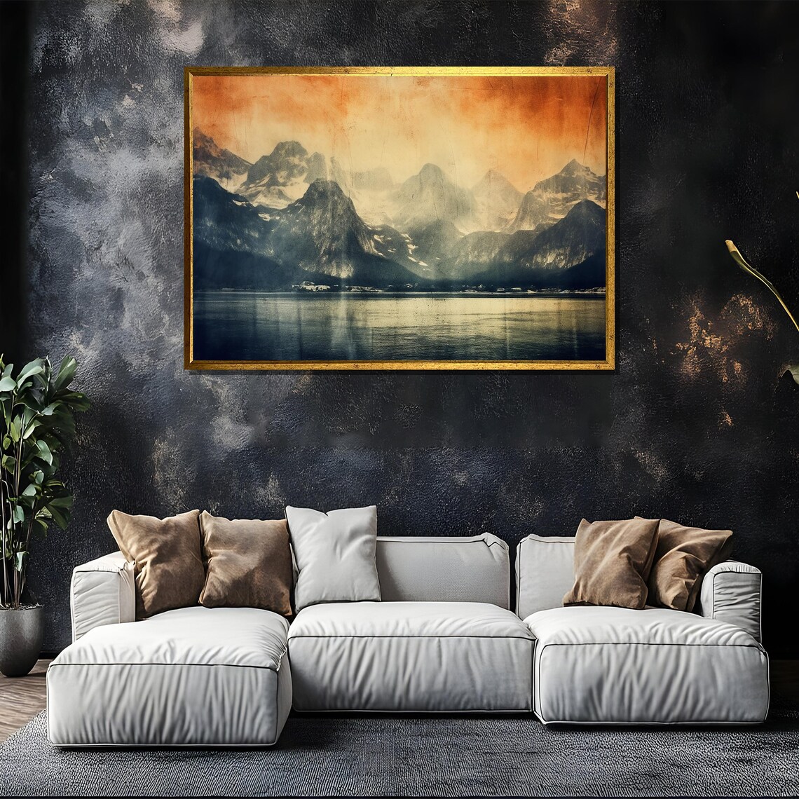 Vintage Sepia Mountain Lake With Rugged Peaks Retro Landscape Poster - Image 5