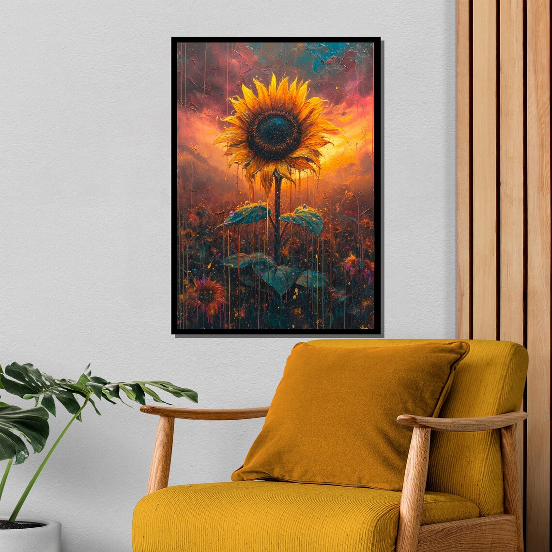 Lone Sunflower Against a Fiery Sunset Sky Dramatic Painting Poster - Image 4