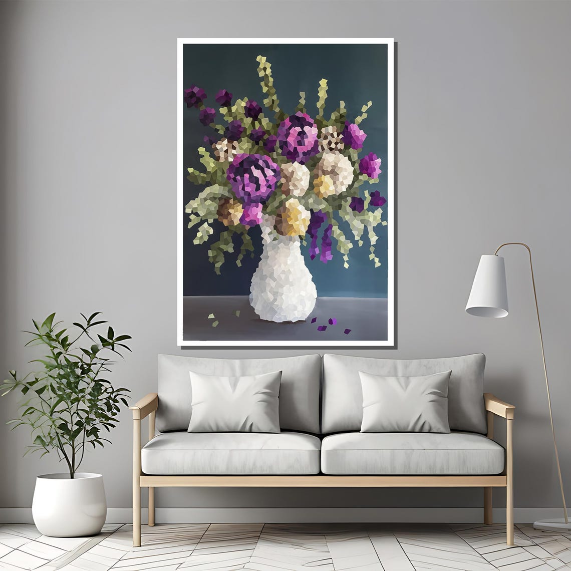 Pixelated Purple Flower Bouquet in a White Vase Modern Art Poster - Image 2