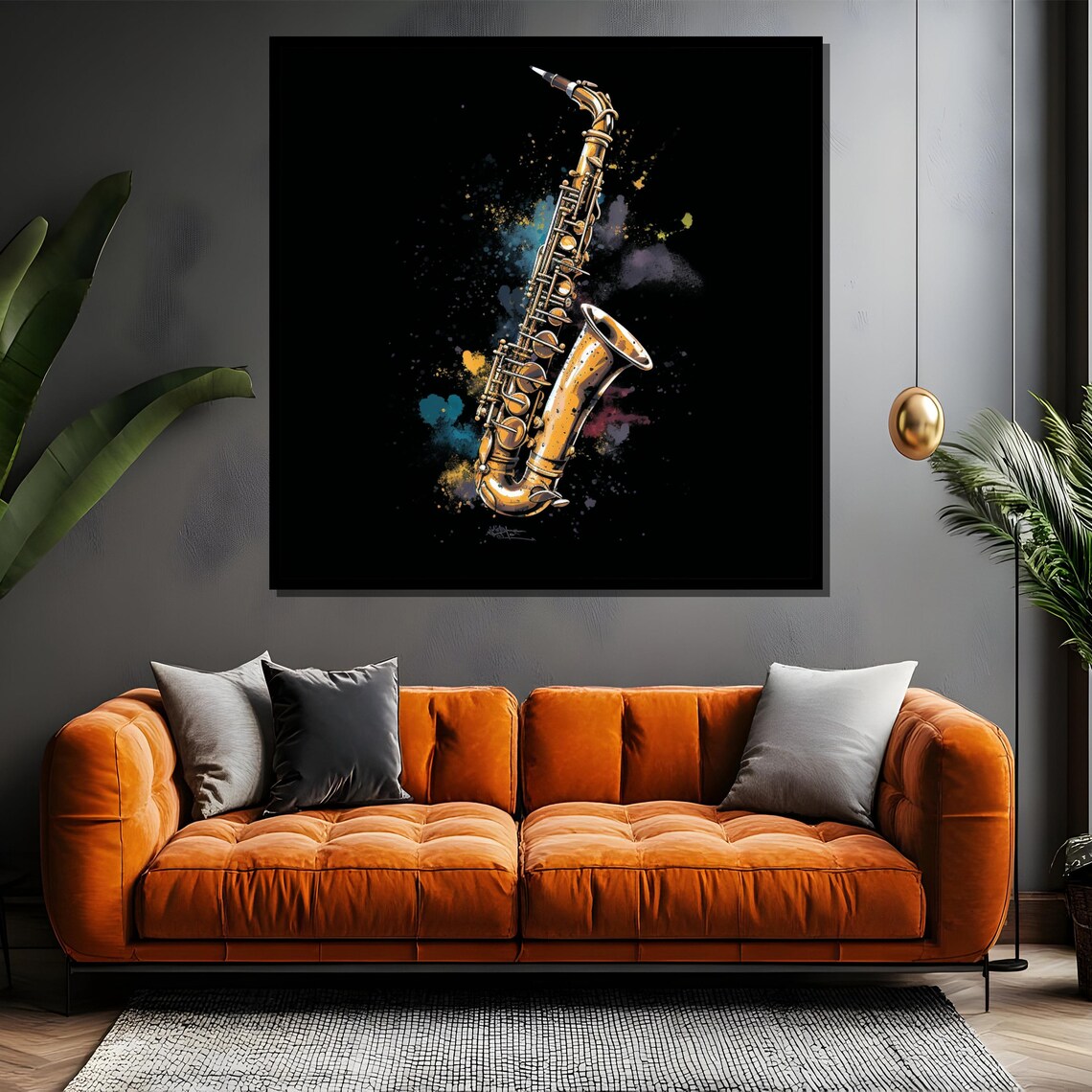 Golden Saxophone on Black With Colorful Paint Splash Art Poster - Image 4