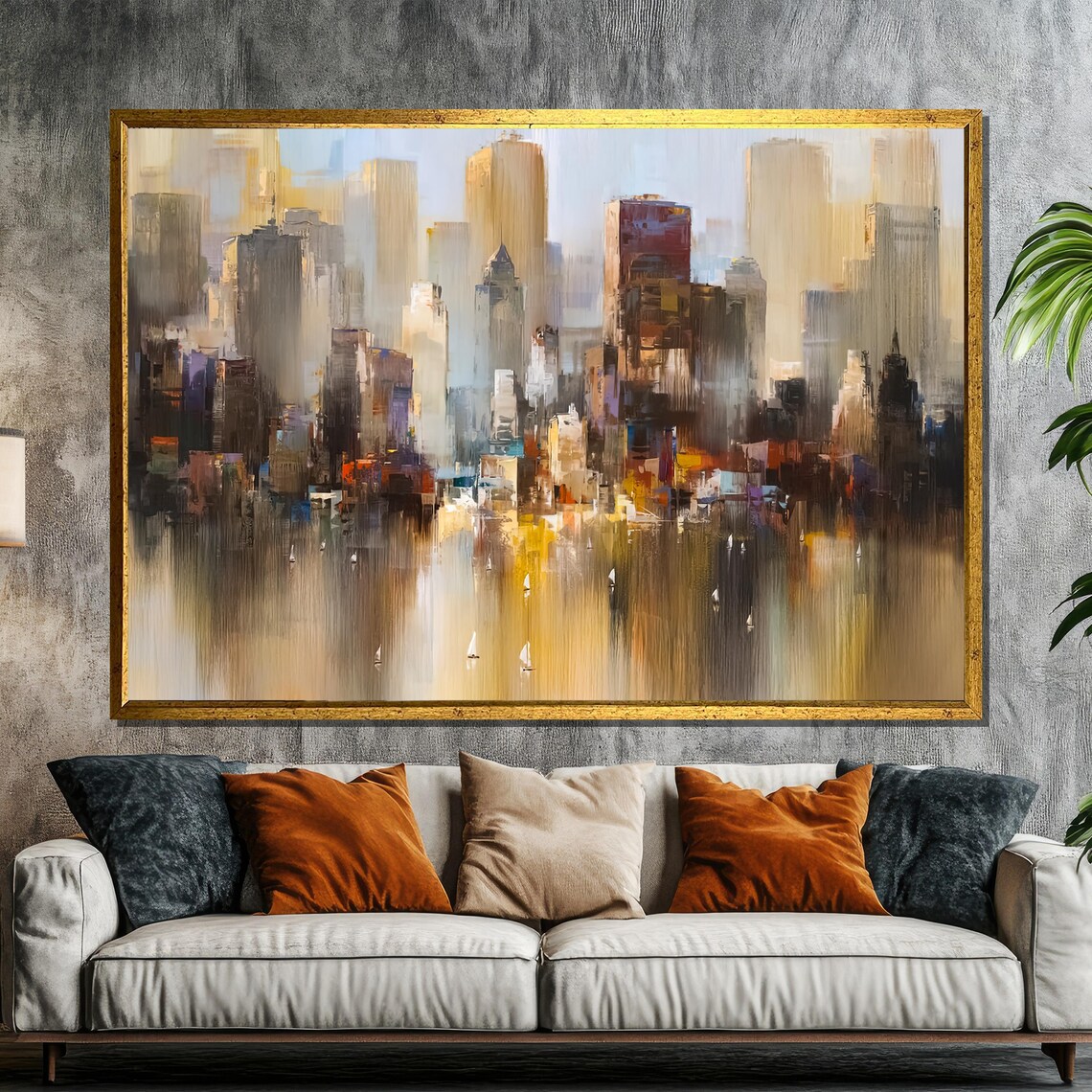 Abstract City Skyline Reflected in Water Modern Urban Painting Poster