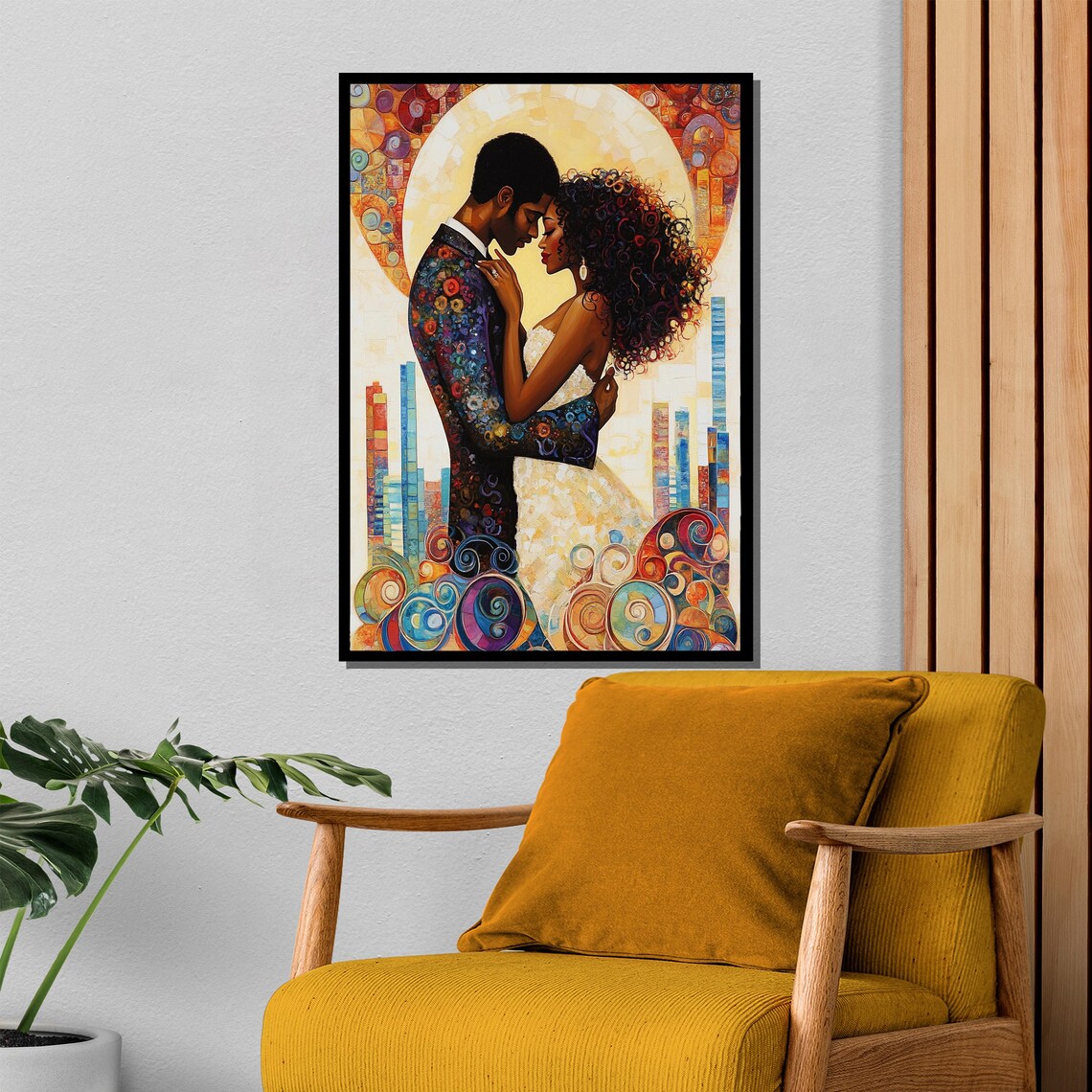 Black Couple Embracing Before A Colorful Mosaic City Skyline Poster - Image 4