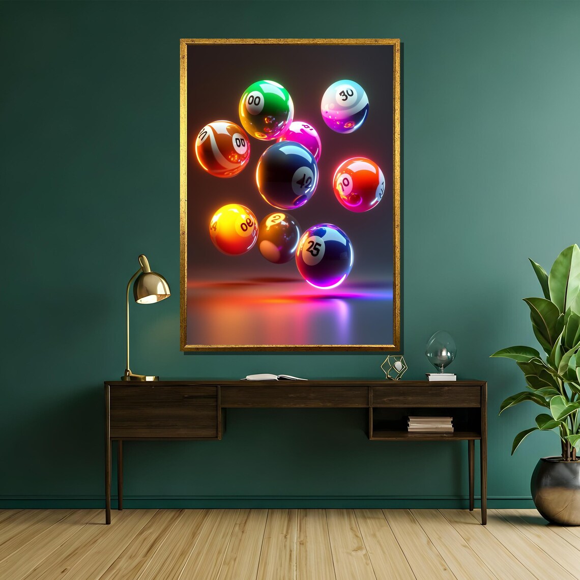 Neon Billiard Balls Glowing in Dark Futuristic 3D Art Poster - Image 5