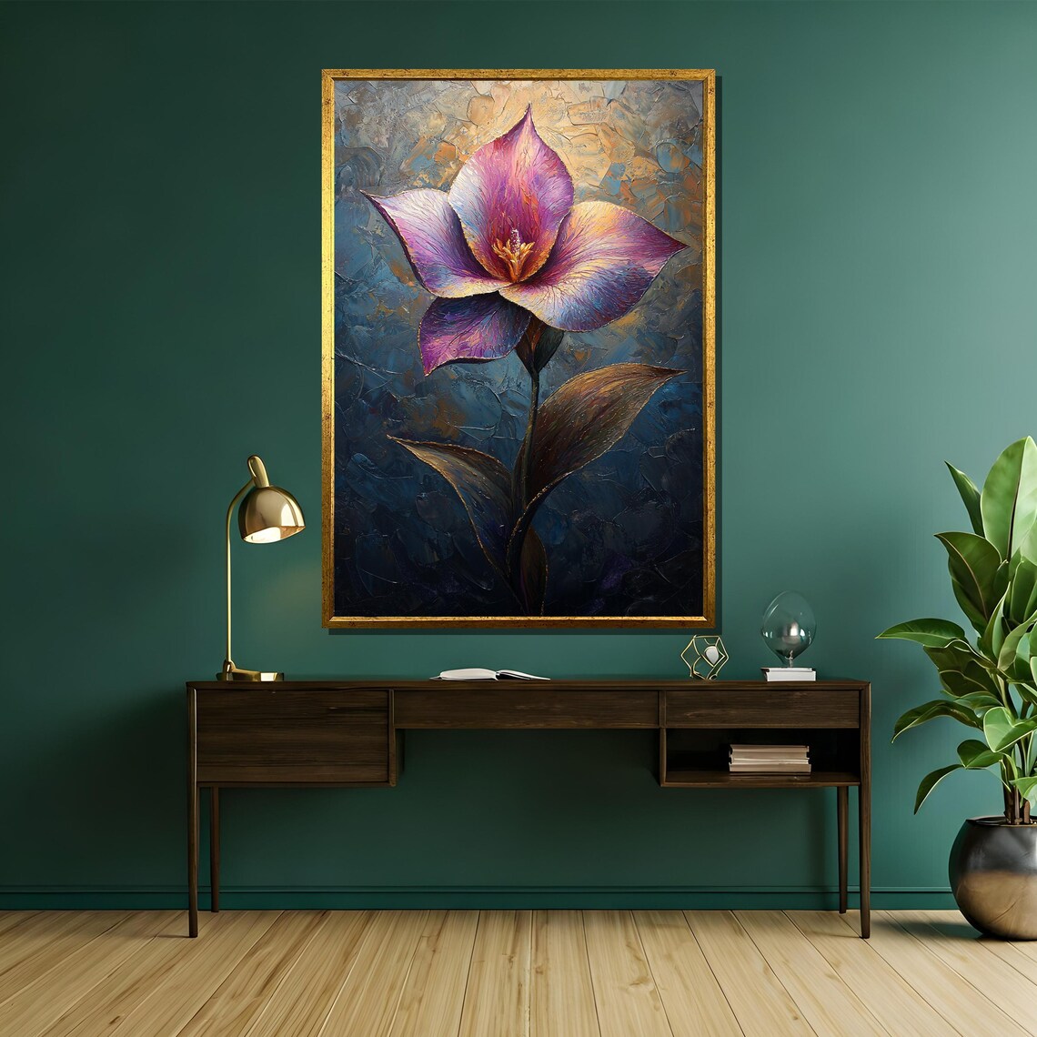 Purple Abstract Lily Bloom Textured Dark Floral Painting Poster - Image 5