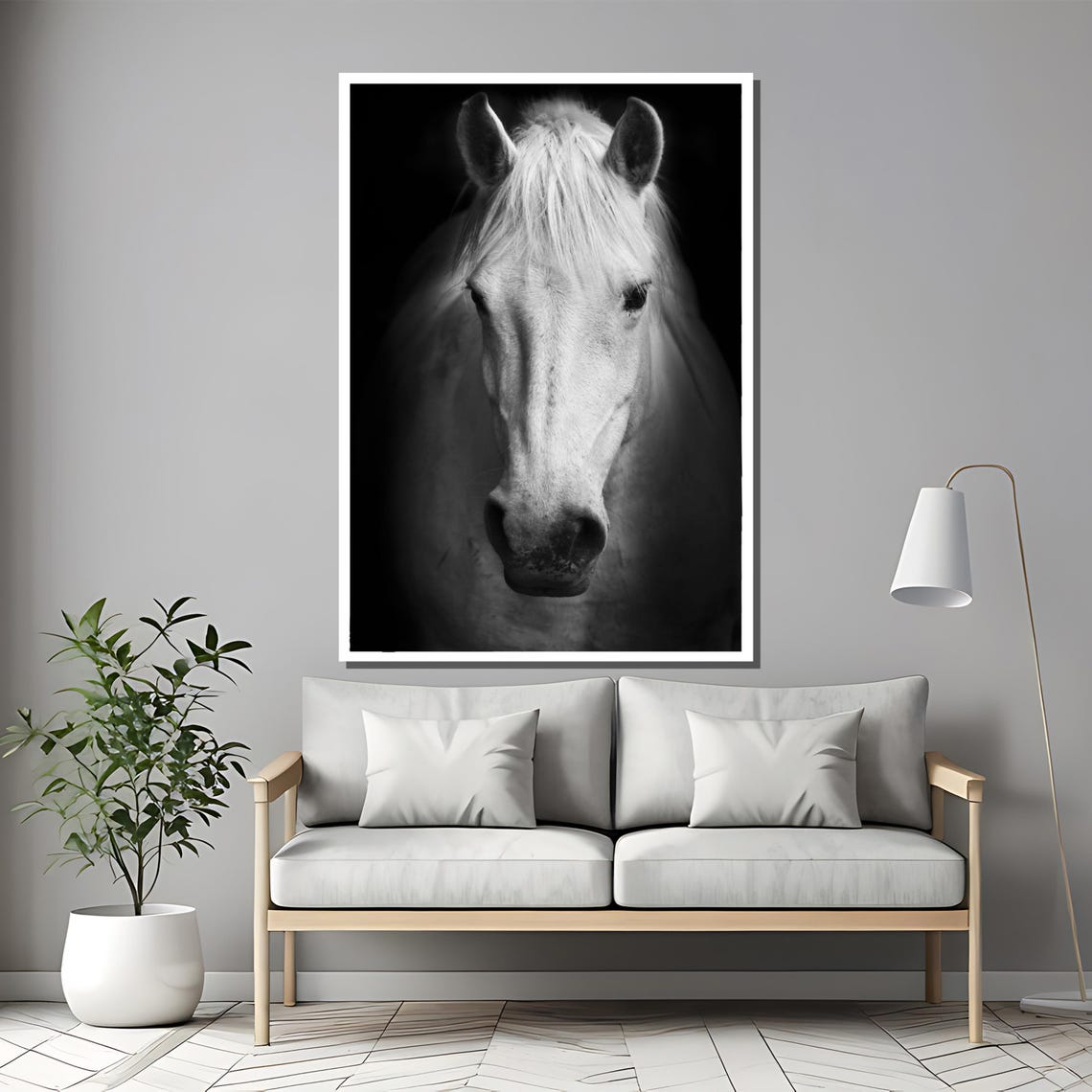 Serene White Horse Close Up Portrait In Black And White Poster - Image 2