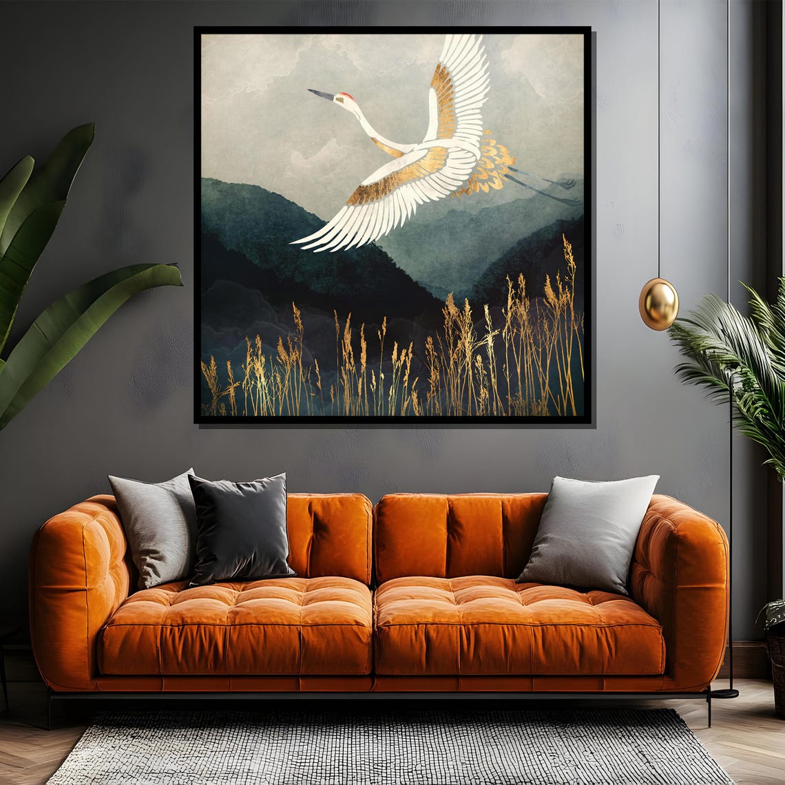 Elegant White And Gold Crane Soaring Over Misty Mountain Peaks Poster - Image 4