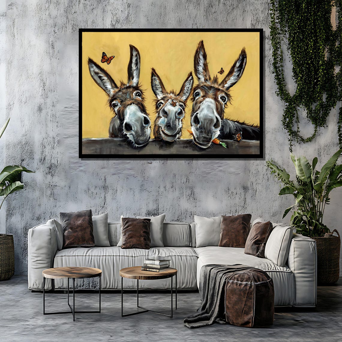 Three Playful Donkeys Peeking Over Fence Funny Animal Art Poster - Image 4