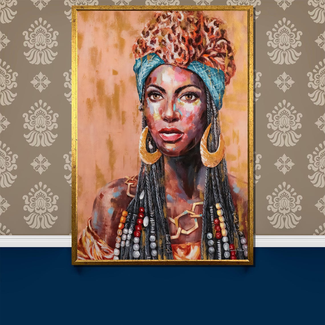 Tribal Woman In Leopard Headwrap And Turquoise Scarf Art Poster
