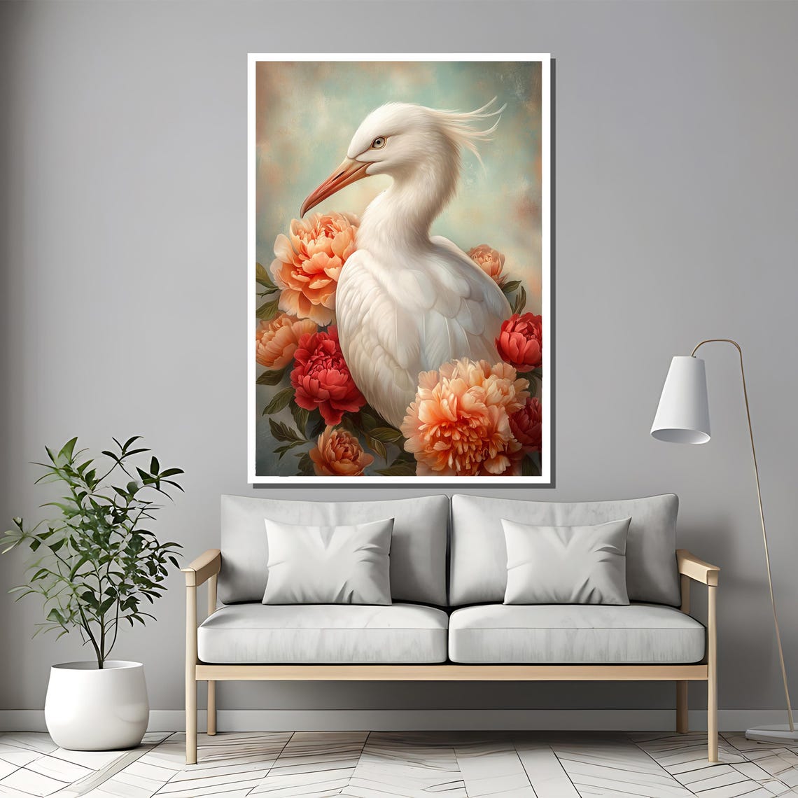 Soft Splendor White Egret Nestled Among Coral Peonies Art Poster - Image 2