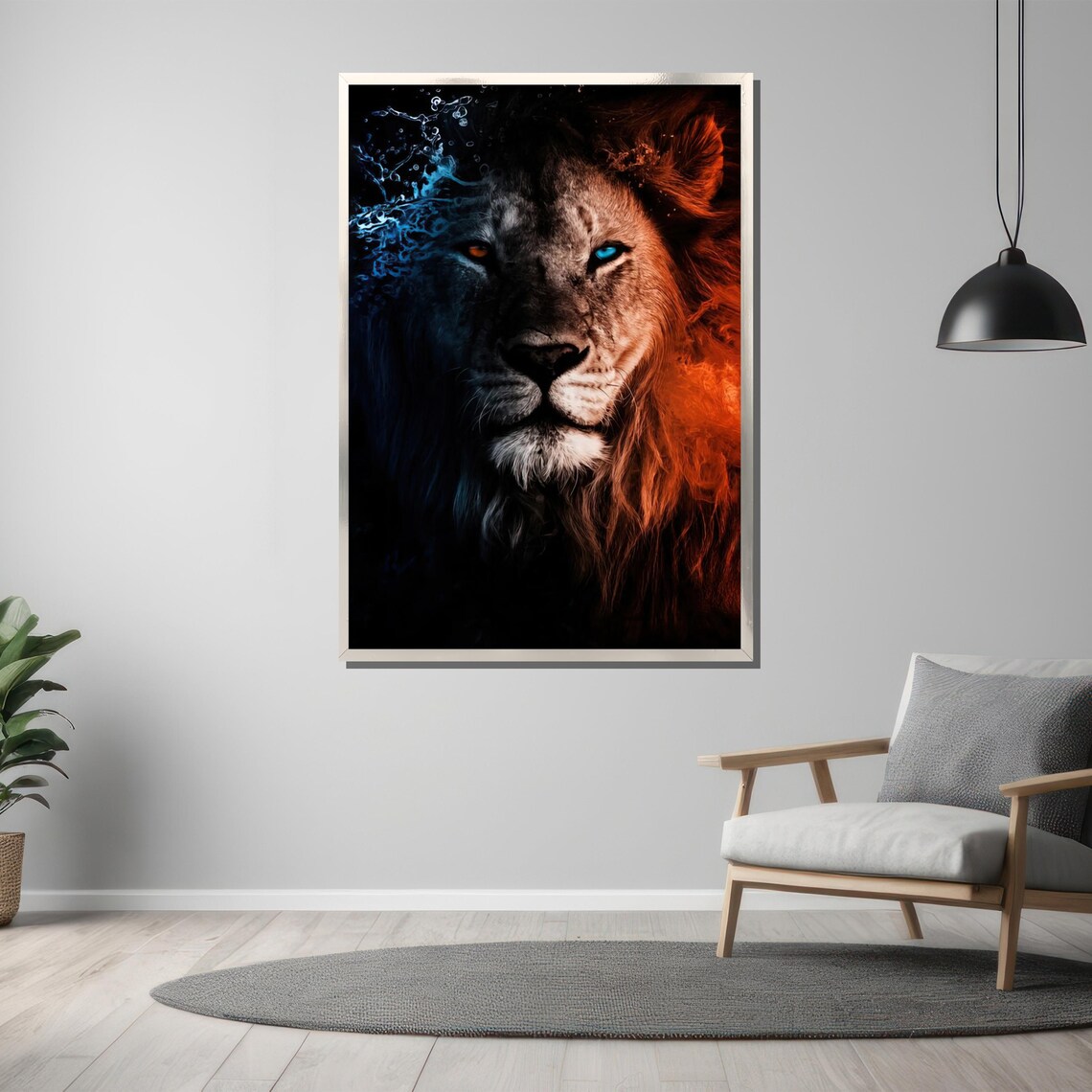 Dual Fire And Water Lion With Striking Blue Eye Portrait Poster - Image 3