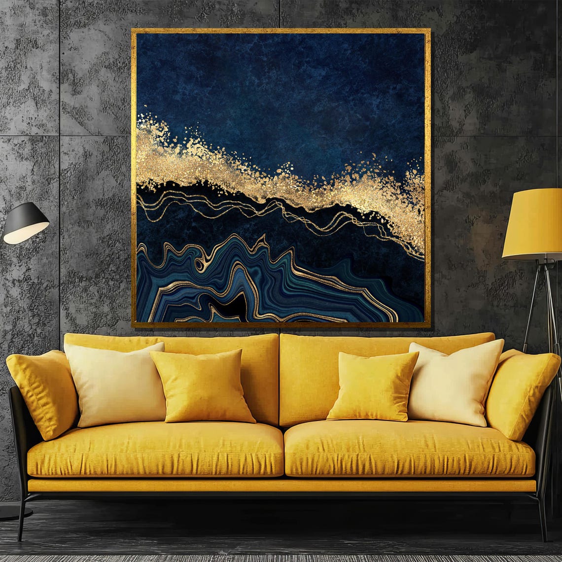 Navy Blue Gold Agate Waves Glitter Band Modern Abstract Poster - Image 2