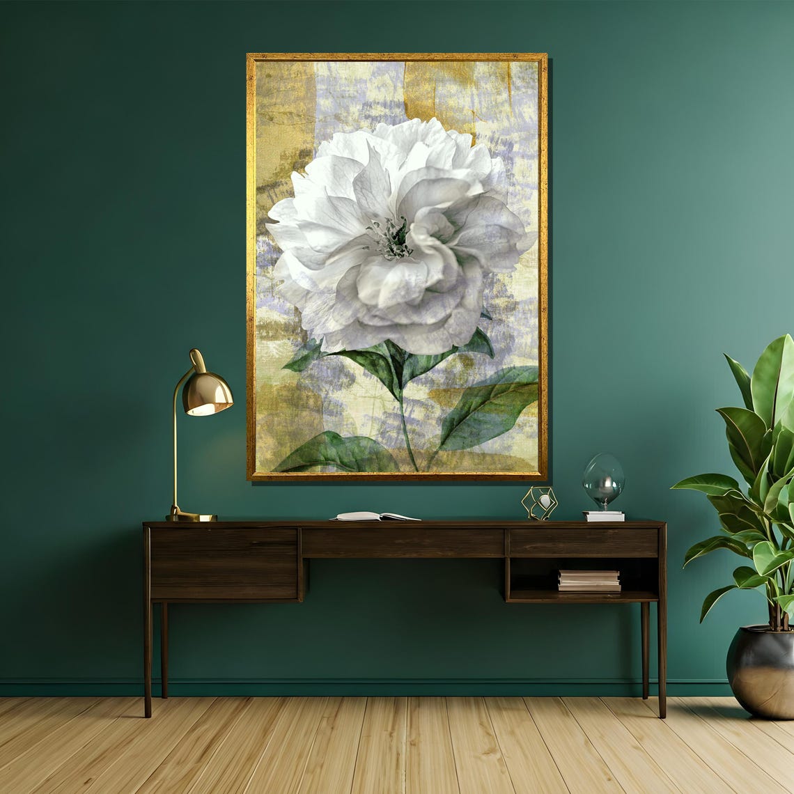 Elegant White Rose Green Leaves Gold Distressed Vintage Poster - Image 5