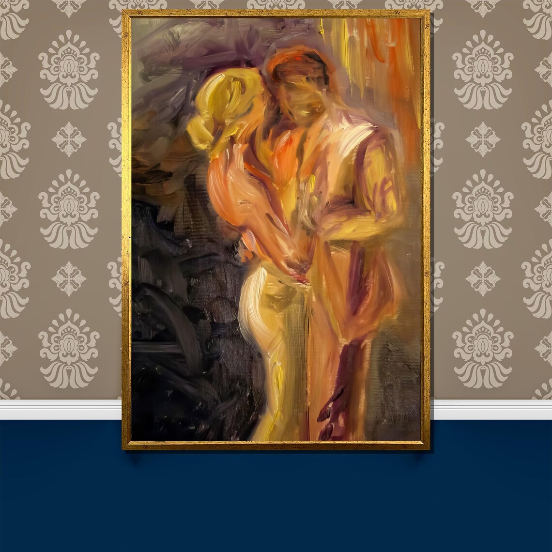 Abstract Couple In Warm Orange Embrace Glowing Painting Poster